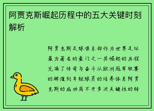 阿贾克斯崛起历程中的五大关键时刻解析
